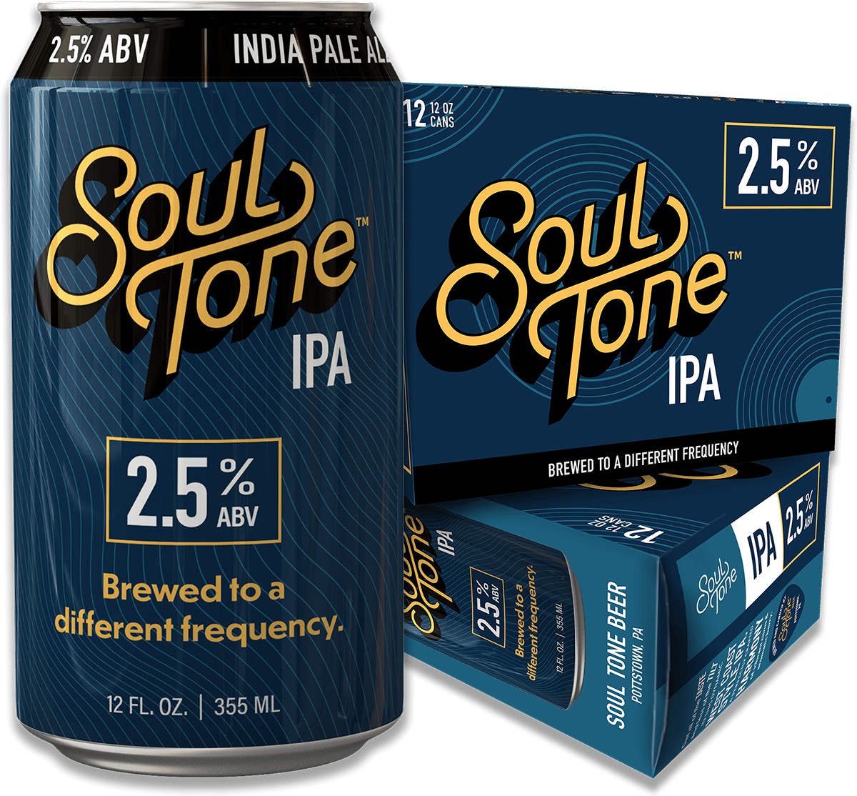 ST_IPA_01 A can and a 6-pack box of Soul Tone IPA beer with a blue design, bold yellow logo, and text stating 2.5% ABV and Brewed to a different frequency.