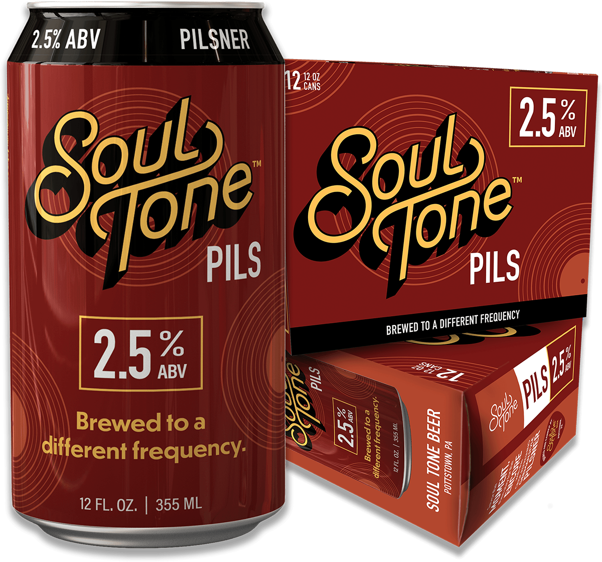 ST_PILS_01 A 12 fl. oz. can and a 12-pack box of Soul Tone Pils beer, both labeled with 2.5% ABV and Brewed to a different frequency, in red and gold packaging with circular designs.